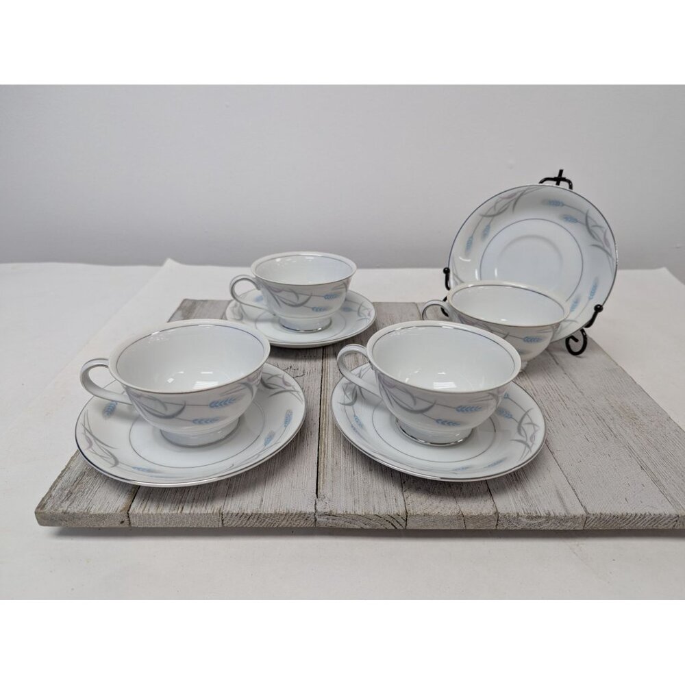 Vintage Valmont Royal Wheat Platinum Trim Set of 4 Saucers Teapcups